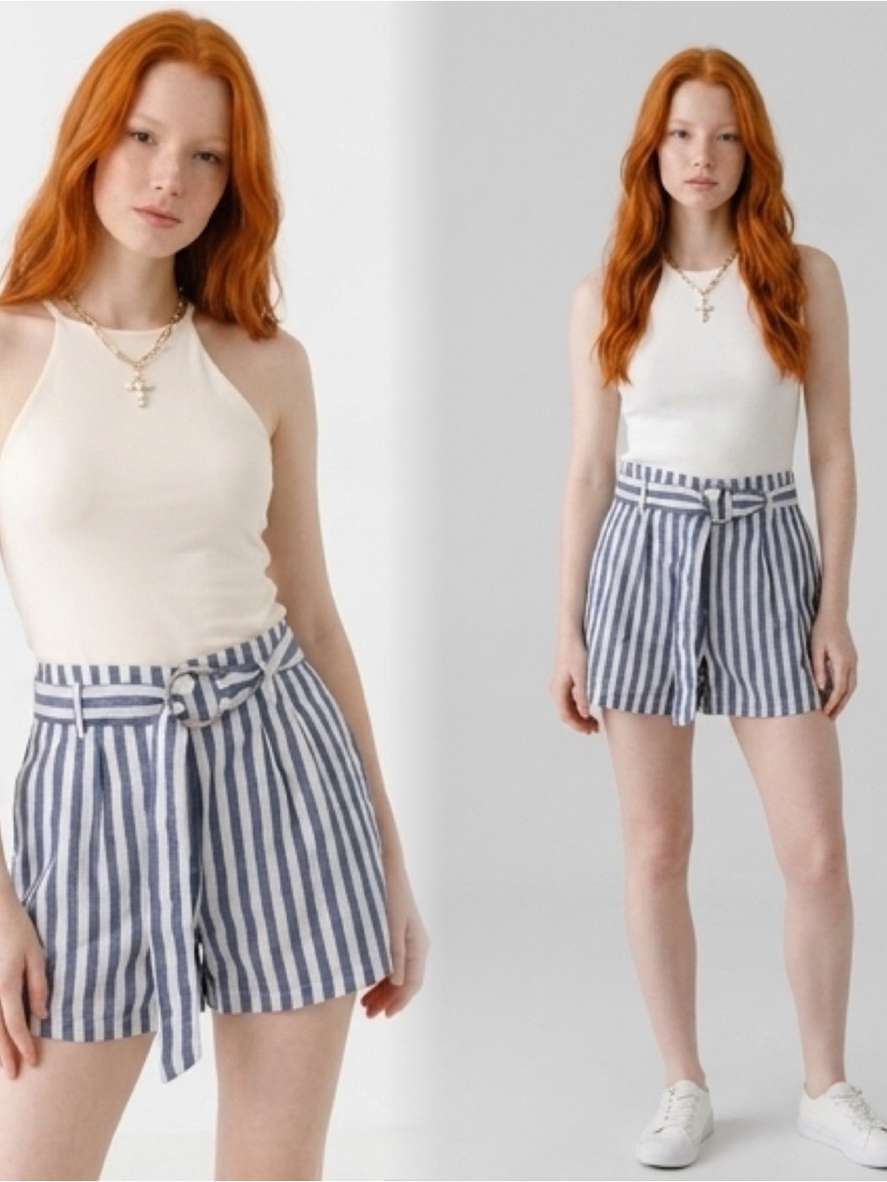 emory park white  & Blue Striped Paperbag Waist Shorts